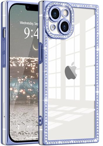 ROSEHUI Clear Glitter Phone Case for iPhone 15, Blue | Sparkly Rhinestones Soft TPU, Plating Rectangle Bumper, Camera Protection, Cute Transparent Shockproof Cover for Women Girls