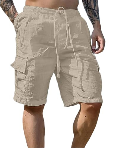 PADOLA Short Homme Coton Lin Bermuda avec 4 Poches Été Plage Cargo Shorts et Bermudas Taille Elastique Short de Travail Cordon de Serrage Uni Baggy Pantacourt Casual Décontracté