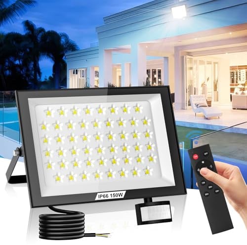 Bellanny Faretto LED da Esterno con Sensore di Movimento, 150W 15000LM Faro Proiettori - 156Leds 6500K Bianca Fredda Luci di Sicurezza, IP65 Impermeabile Lampade da parete per Garage Cortile Giardino