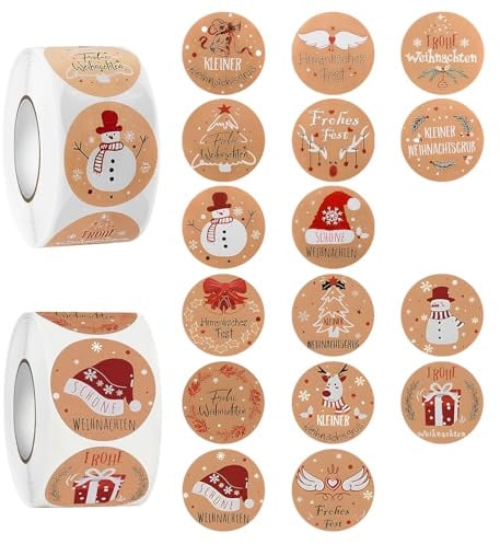 1000 Stück Aufkleber Weihnachten, Rund Frohe Weihnachten Sticker, Vintage Selbstklebend Etiketten, Kraftpapier Weihnachtsaufkleber auf Rolle, für Geschenkverpackungen Party Umschlag Dekoration (2.5cm)