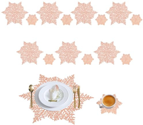 AYSYR Christmas Placemats and Coaster Sets - 7 Pcs Gold Placemats and 7 Pcs Matching Coaster Reusable,Place Mats for Table Washable,Christmas Table Mats Decoration for Restaurant Party (Rose Gold)