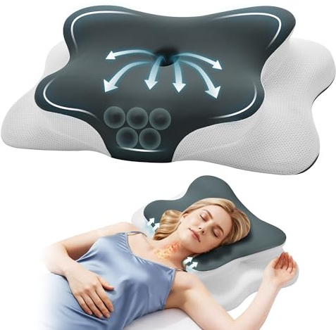 Autsel Oreiller Cervical Ergonomique en Mousse à Mémoire de Forme – Confort Adapté aux Dormeurs sur Le Côté, Le Dos et Le Ventre, Soulagement des Douleurs Cervicales, Gris foncé-Blanc