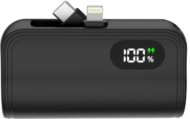 5000mAh Mini Power Bank with Built-In Connections, Compact Portable Charger with Digital Display & Phone-Holder Stand for Devices Compatible with 8-Pin and Type-C Ports – Black
