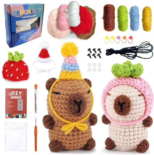 YushengTai Häkelset für Anfänger Capybara - Komplettset mit Garn, Häkelnadel & Video-Anleitung - Tier Häkeln Schritt-für-Schritt - Ideal für Erwachsene & Kinder - Inkl. Erklärvideo