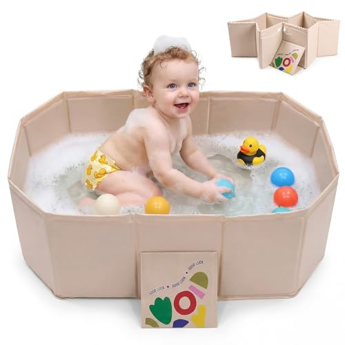 Bañera plegable para bebés con tapón de drenaje, 75 × 45 cm, lavabo portátil para recién nacidos y niños pequeños, diseño antideslizante, bañera de plástico sin BPA, color blanco crema