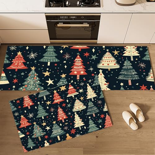 Teppich Läufer für Küche 43x75cm+43x120cm Küchenteppich Weihnachtsbäume Und Sterne Teppichläufer Waschbar rutschfest Retro-Festival Küchenläufer für Flur, Eingangsbereich, Esszimmer, Marineblau