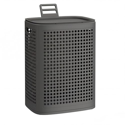 SONGMICS Laundry Basket with Lid,Plastic Washing Basket, 19.8 Gallons 75 L | Slim Laundry Hamper Clothes Storage, for Bathroom, Bedroom,Dark Grey, DENNYS Collection RLH021G101
