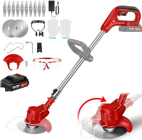 Rasentrimmer mit Akkus, Rot Rasenkantenschneider, Elektrischer Rasentrimmer, Akku Freischneider & Garten-Rasen-Unkraut-Trimmer Elektro-Trimmer Gartenkantenfräser mit Drehkopf, Teleslopstiel für Garten