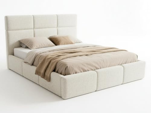 Sofnet Polsterbett Celine - Bettkasten mit Gasdruckfedern - Doppelbett mit Lattenrost, Bett mit Polsterkopfteil, Bettgestell, Schlafzimmer, Bouclé-Stoff (140 x 200 cm, Weiß (Coral 70))