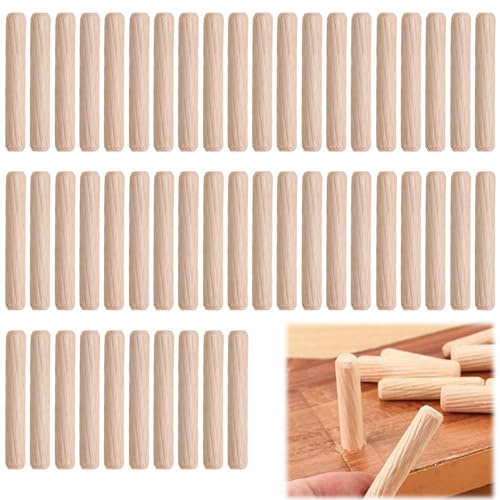 MKEAWWU 50 Stück Holzdübel Holzfarbe M6 X 40Mm - Runde Geriffelte Passstifte Für Schrank Schublade Handwerk Möbelverbindung