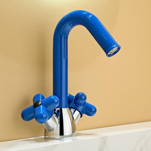 ZYCDP Robinet Salle Bain Vintage À 2 Poignée Croisée Robinet Lavabo eau Chaude et Froide Bleu + Chromé