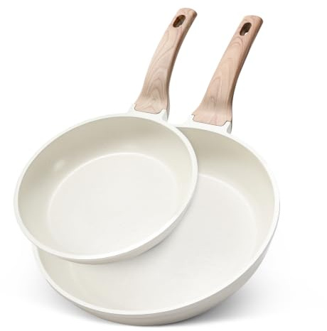 CAROTE 2-Piece Nonstick Frying Pan Set(20cm & 28cm) (Cream White) | Marble-Effect Coating, Suitable for All Hob, Easy to Clean,PFOS & PFOA Free