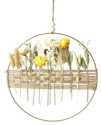 WGXIA Trockenblumenkranz 25cm Metallring Hanfseil Boho für Tür Wand Deko | 25cm Natürliche Trockenblumen und wiederverwendbar für jede Saison Durchmesser Vielseitig für Tür, Wand, Fenster und Kaminsim