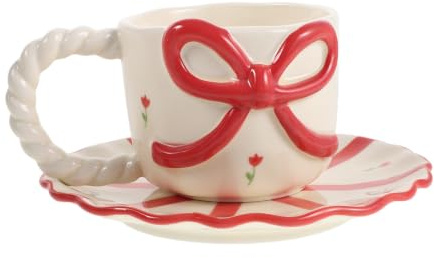 Zerodeko Ceramic Coffee Mug with Saucer Set, Cute Bow Coffee Tea Cup Set, Porcelain Cappuccino Cup and Plate, 250ml Ceramic Drinkware for Women Girl Afternoon Party Red