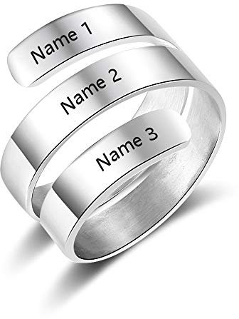 Gaosh Personalisierte Gravur Twist Ring 3 Namen offen einstellbar Namen BFF personalisierte Mutter Ring Geschenk fur Geburtstag Valentine Jahrestag Silver Ring Damen (Silver)