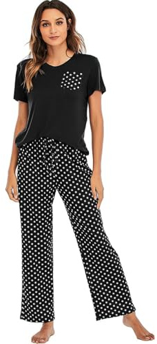 Voopptaw Pyjamas for Women Short Sleeve Summer Supersoft Casual Fashion V Neck Tops & Pyjama Pants Swiss Dot Loungewear Sleepwear Nightwear Pjs Set Black M