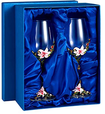 Weingläser, transparent, emailliert, handgefertigt, Rotweingläser-Set, Blumen-Kelche (rosa Doppelbett + Geschenkbox)