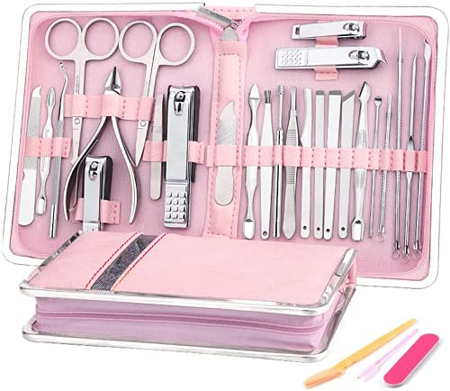 SONGQEE Manicure Set Nail Set Nail Clipper Kit for Women/Men,Manicure & Pedicure Sets 29pcs Nail Clipper Set Professional Stainless Steel Pedicure Set Fashion Grooming Tools for Girls (Pink Leather)