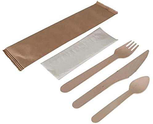 Kit Couverts 4/1 écologique (Couteau + Fourchette + Petite cuillère + Serviette) en Bois Usage Unique, Emballage Kraft, Lot de 250 pièces
