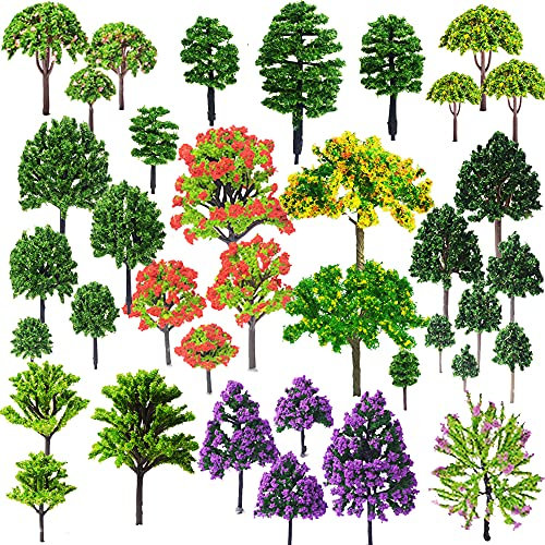 Cayway 53 PCS Miniature Trees Mixed Model Trees, Mixed Colors Trees for Model Train Scenery, Fake Trees for Building Model, Model Scenery with No Bases for DIY Crafts