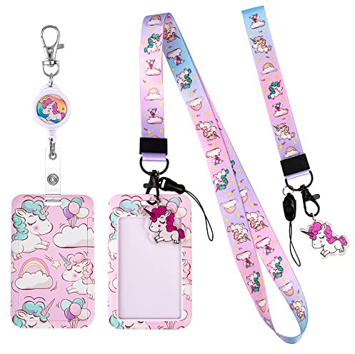 HIFOT Unicornio Cordón con Porta Tarjetas Identificativas, Llaves Cordón de Muñeca Correa Funda Tarjeta Identificación para Escuela, Reunión de Trabajo、Colgante Clave