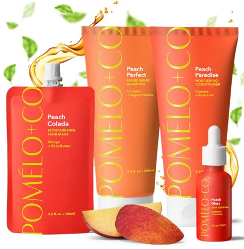 Pomélo+Co. Peach Routine: Haarmaske, Shampoo, Conditioner + Gloss – feuchtigkeitsspendende Haarkur für trockenes Haar – vegane* Haarpflege zur Splissversiegelung