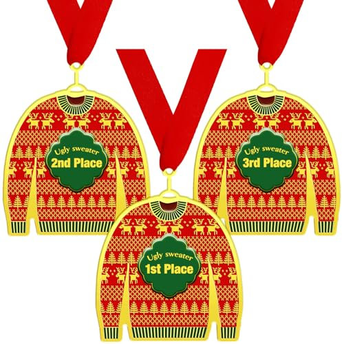 Kathfly 3 Stück hässliche Weihnachtspullover-Medaille Award Xmas 1., 2. und 3. Platz Medaillen mit rotem Nackenband für hässlichste Pullover-Wettbewerbe, Feiertagsparty, Weihnachtsbaumschmuck