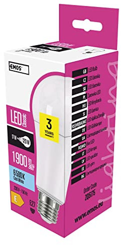 EMOS LED Lampe A67, 17 W Ersatz für 120 W Glühbirne, E27 Sockel, Helligkeit 1900 lm, Kaltweiß 6500 K, 30000 h Lebensdauer, CRI min. 80, 200° Abstrahlwinkel
