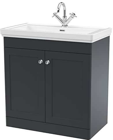 nuie CLC1426A Classique Traditional Bathroom Floor Standing 2 Door Vanity Basin Unit with 1 Tap Hole Fireclay Basin, 800mm, Soft Black