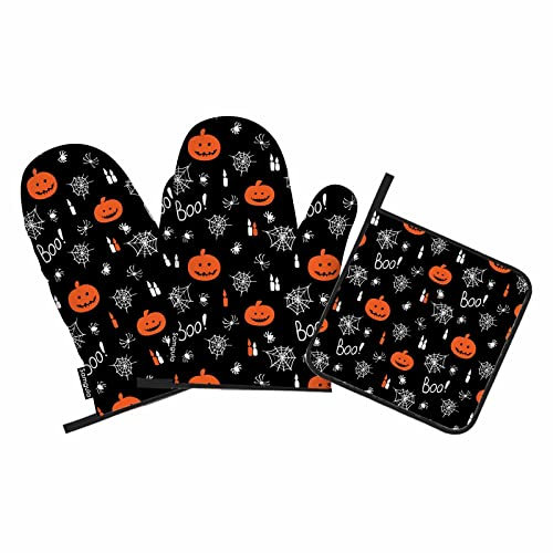 Samgula Halloween Oven Mitts and Pot Holders Sets Jack Lantern Pumpkins Candles Spiders Boo Heat Resistant 3pcs for Cooking Baking BBQ