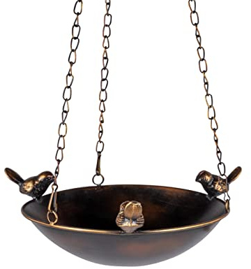 Geschenk-Himmel Vogeltränke hängend Wildvögel Vogel Tränke aus Metall braun-gold mit drei Vögel verziert (25 rund)