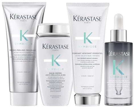 Kérastase, Symbiose, Routine Anti-pelliculaire pour Cuirs Chevelus Secs & Sensibles, Sans Sulfate, Micro Peeling Cellulaire + Bain Crème + Fondant Apaisant Essentiel + Sérum Cellulaire Nuit Intensif