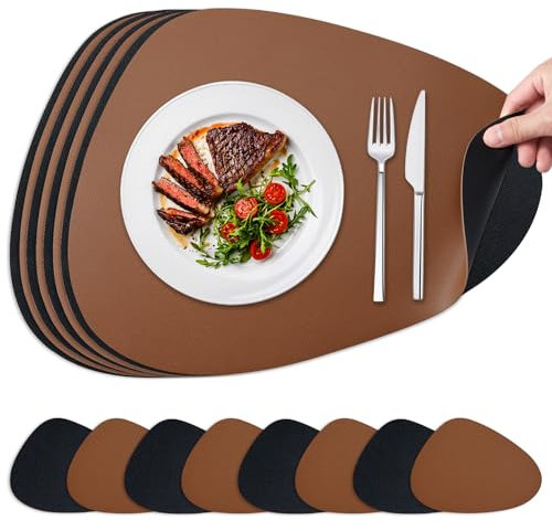 NOSTHEART Tischsets Abwaschbar 8er Set, Platzsets Abwischbar Tischsets Leder Rund Hitzebeständig rutschfest Platzdeckchen mit Untersetzer, Doppelseitigen - Schwarz Braun
