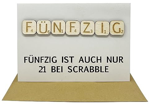 Woodland Mail Lustige Geburtstagskarte mit echten Holzsteinen auf der Vorderseite - Scrabble-Stil (50 Geburtstag)