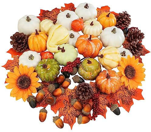 Winlyn 60 Pcs Assorted Small Artificial Pumpkins and Gourds with Acorns Pinecones Maple Leaves Sunflowers Fall Harvest Decoration Set for Thanksgiving Halloween Bowl Filler Table Centerpiece Wreaths