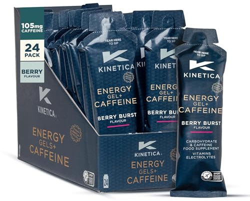 Kinetica Sports Quick Release Energy Gel + Caffeine - Berry Flavour | 105mg Caffeine, 27g Carbohydrates/Serve | 24 x 70g Pack | Contains Range of B Vitamins & Electrolytes | Fast Acting Energy Source
