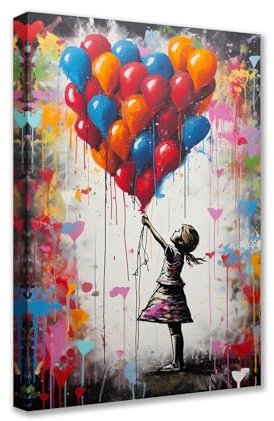 Tucocoo Großes modernes Kunstwerk für die Wand, bunte Ballonbilder, Banksy, kleines Mädchen, Gemälde, 1 Paneel, Leinwand, Straße, Pop-Art, Heimdekoration, Giclée-Holzrahmen, Galerieverpackung, fertig