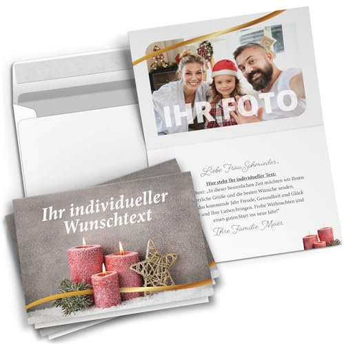 10 Personalisierte Weihnachtskarten mit Ihrem Text und Foto - Klassisch Kerzen 1 - individueller Weihnachtsgruß edel Grußkarte Weihnachten Klappkarten mit Umschlägen