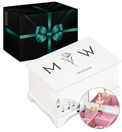 Maverton personalisierte Musik Schmuckdose mit Aufzieh-Spieluhr - Schmuckkästchen Ballerina - Musikspieldose für Mädchen zur Geburt - zum Geburtstag - zu Weihnachten - ohne Schublade - Monochrom