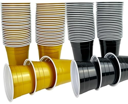 Vitavalley 50x Schwarze & 50x Goldene Party Plastikbecher (16oz. - ca. 473ml) - 100 robuste & wiederverwendbare Partybecher - ideal für Deien Feier