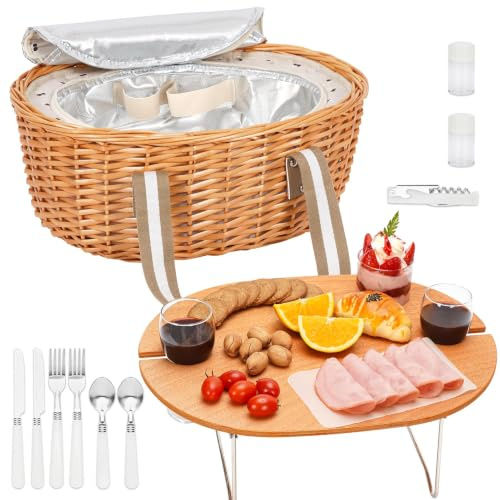 STBoo Picknickkorb aus Weidengeflecht für 2 Personen mit Klapptisch | Handgeflochtener Weidenkorb mit isoliertem Kühlfach, Geschirr und Besteck für Gartenparty, Wanderausflug und Feste