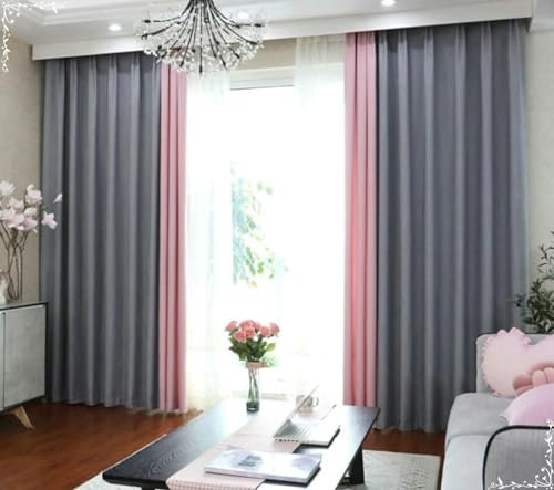 Homxi Gardinen Blickdicht Vorhänge 2er Set,2 x 107W x 160H cm,Abdunkelnde Vorhänge Kinderzimmer Rosa Grau Spleißen Einfarbig Gardinen Ösen