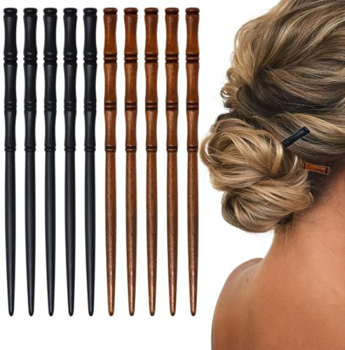 10 Pièces Bâtons Cheveux Bois Baguettes Cheveux, Support Cheveux en Forme de Bambou, Epingle à Cheveux en Bois Epingle à Cheveux Bâtons Cheveux pour Chignons Cheveux Longs