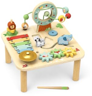 TOOKY TOY Holzspielzeug Kinder Viereckiger Tisch Activity - Forest | Aktivitätstisch mit Glocke, Zahnrädern & Perlenrahmen, Motorikspielzeug, Maße 40 x 40 x 30 cm