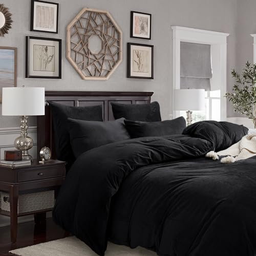 Gezu Bettwäsche Winter Warme Plüsch 220x240cm Plüsch Schwarz Doppelseitiger Bettbezug Kaschmir Flanell Fleece Touch Flauschiger Warmer Stoff Samt Bettbezug Set Mit Reißverschluss Mit Kissenbezug 80x80