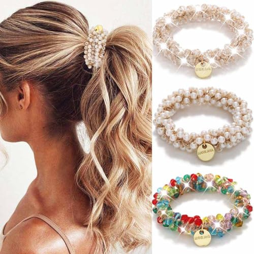 Reaky Haargummis mit Perlen Strass Pferdeschwanzhalter Haargummis elastisches Haarband Haar-Accessoires für Damen (C)
