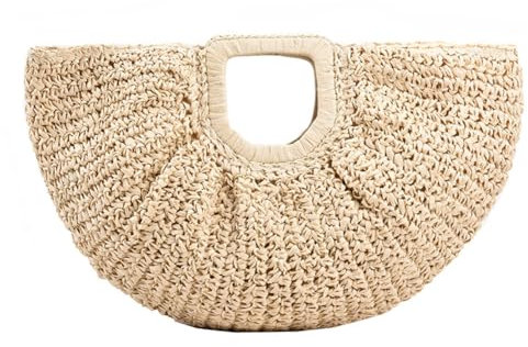 LYEAA Sac à main en paille demi-lune pour femme, capacité, sac à main tissé vintage, couleur unie, simple tissage, sac de poignet, sac de plage d'été (beige)