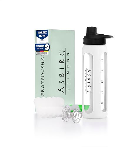 Asbirg 2.0 | Glas Protein Shaker 700ml – BPA-frei, auslaufsicher & robust – Eiweiß Shaker mit Mixball aus Borosilikatglas – Trinkflasche für Fitness & Sport | Weiss