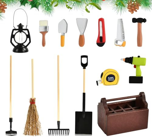 Miniature Outils Accessoires, 14 Pièces Décoration de Jardin Miniature, Boîte à Outils en Bois Miniature, Mini Boîte à Outils en Bois, Miniature Maison de Poupée Accessoires pour Noël