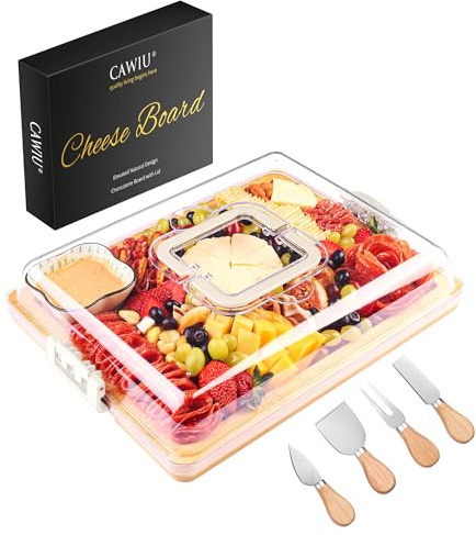 CAWIU Charcuterie Board with Lid and Handle - Portable Travel Design Bamboo Cheese Board Set with 4 Cheese Tools, Gift for Housewarming, Weddings, Picnics (1 Compartment, White)